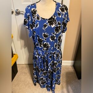 Blue dress with black floral pattern